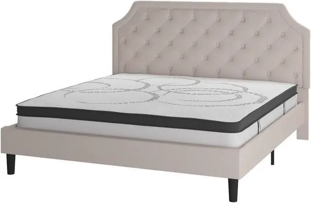Main image of Brighton King Size Tufted Upholstered Platform Bed in Beige Fabric with 10 Inch CertiPUR-US Certified Pocket Spring Mattress
