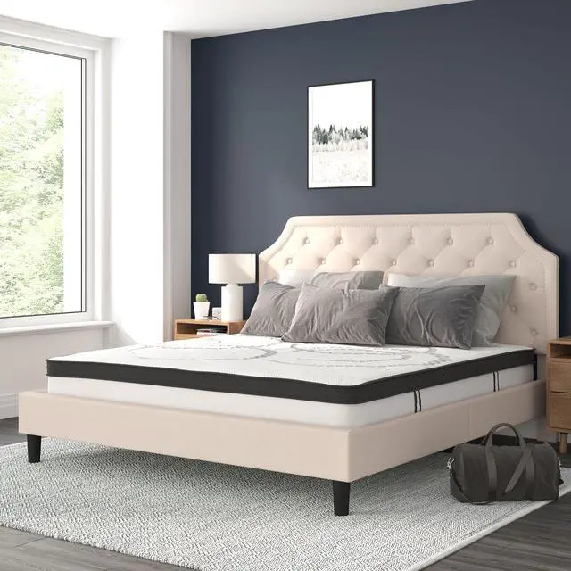 Alt view image 2 of 20 - Brighton King Size Tufted Upholstered Platform Bed in Beige Fabric with 10 Inch CertiPUR-US Certified Pocket Spring Mattress