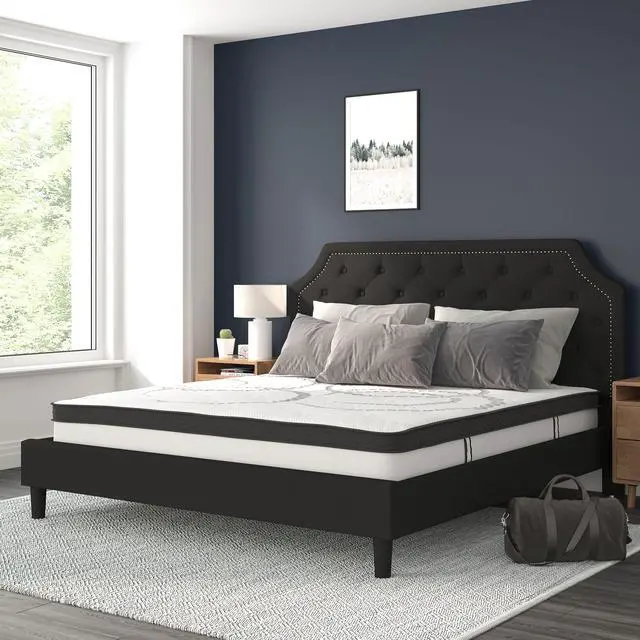 Alt view image 2 of 20 - Brighton King Size Tufted Upholstered Platform Bed in Black Fabric with 10 Inch CertiPUR-US Certified Pocket Spring Mattress