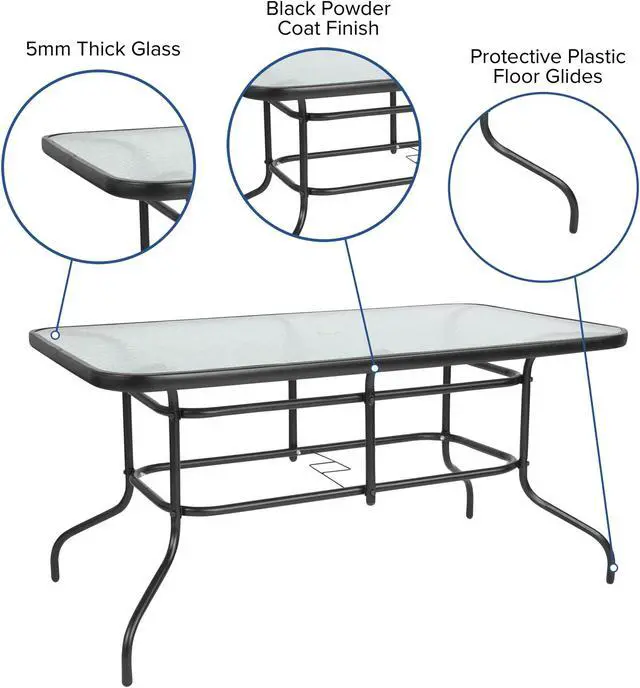 Alt view image 4 of 20 - 5 Piece Outdoor Patio Dining Set - 55" Tempered Glass Patio Table with Umbrella Hole, 4 Black Metal Aluminum Slat Stack Chairs