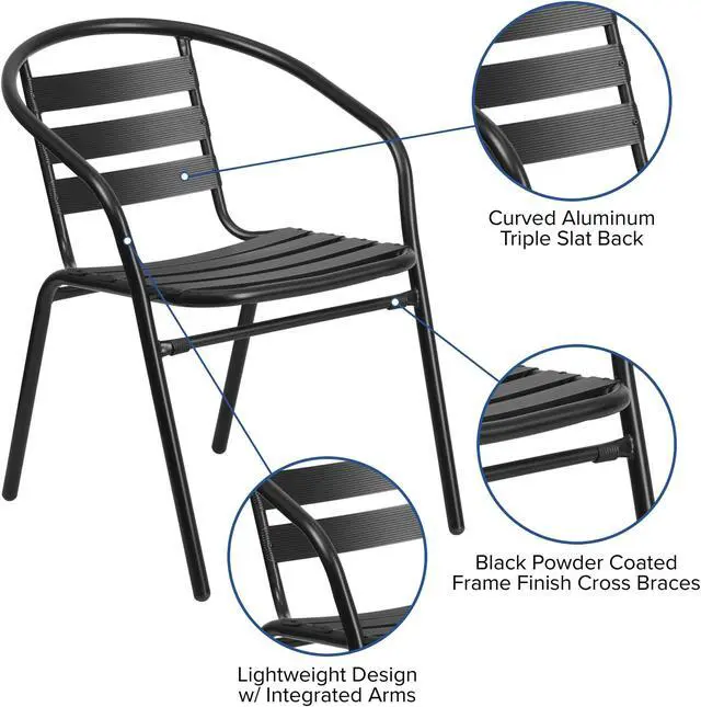 Alt view image 5 of 20 - 5 Piece Outdoor Patio Dining Set - 55" Tempered Glass Patio Table with Umbrella Hole, 4 Black Metal Aluminum Slat Stack Chairs