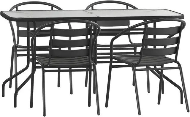Main image of 5 Piece Outdoor Patio Dining Set - 55" Tempered Glass Patio Table with Umbrella Hole, 4 Black Metal Aluminum Slat Stack Chairs