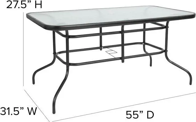 Alt view image 6 of 20 - 5 Piece Outdoor Patio Dining Set - 55" Tempered Glass Patio Table with Umbrella Hole, 4 Black Metal Aluminum Slat Stack Chairs