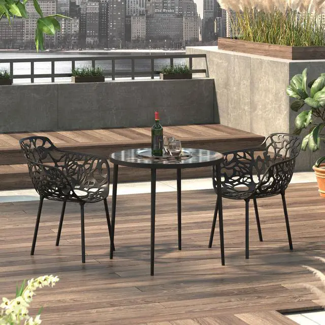 Alt view image 13 of 20 - LeisureMod Devon Tree Design Glass Top Aluminum Base Indoor Outdoor Bistro Dining Table, Black