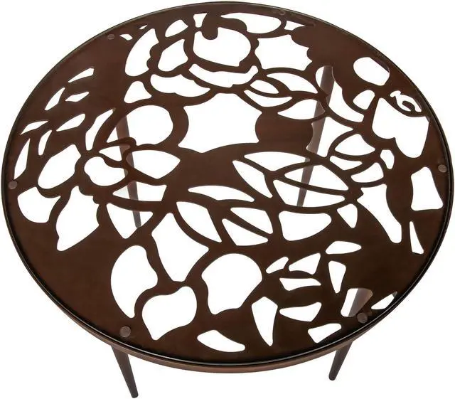 Alt view image 15 of 20 - LeisureMod Devon Tree Design Glass Top Aluminum Base Indoor Outdoor Bistro Dining Table, Brown