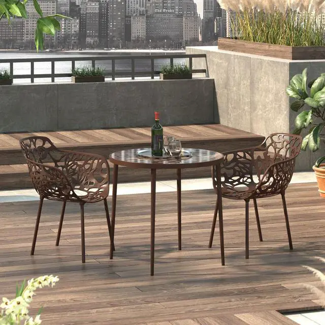 Alt view image 13 of 20 - LeisureMod Devon Tree Design Glass Top Aluminum Base Indoor Outdoor Bistro Dining Table, Brown