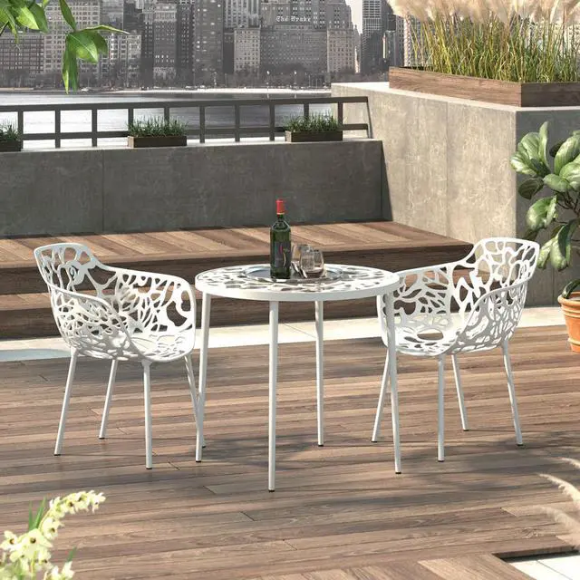 Alt view image 13 of 20 - LeisureMod Devon Tree Design Glass Top Aluminum Base Indoor Outdoor Bistro Dining Table, White