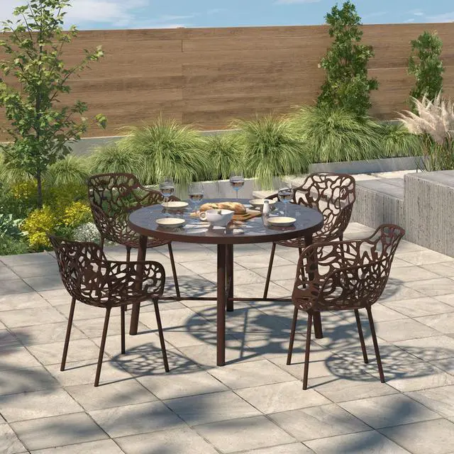 Alt view image 13 of 20 - LeisureMod Devon Tree Design Glass Top Aluminum Base Indoor Outdoor Dining Table, Brown