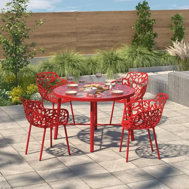Alt view image 12 of 20 - LeisureMod Devon Tree Design Glass Top Aluminum Base Indoor Outdoor Dining Table, Red