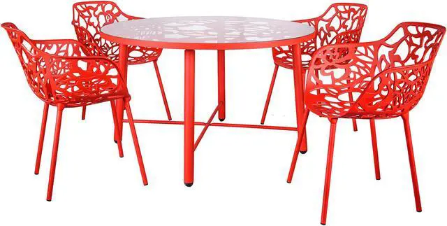 Alt view image 13 of 20 - LeisureMod Devon Tree Design Glass Top Aluminum Base Indoor Outdoor Dining Table, Red