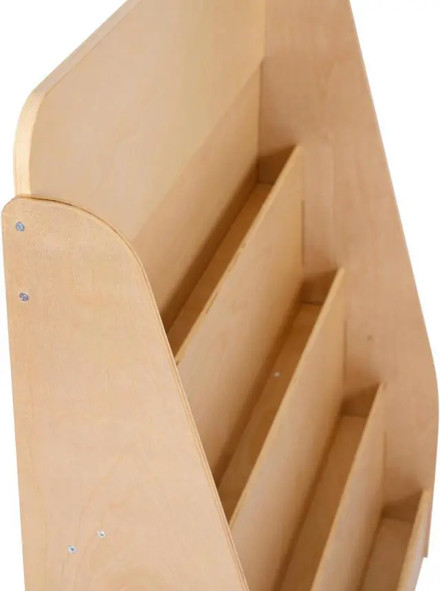 Alt view image 7 of 20 - 4 Shelf Single-Sided Kids Natural Wooden Book & Magazine Display Stand - Safe, Kid Friendly Design for Commercial or Home Use