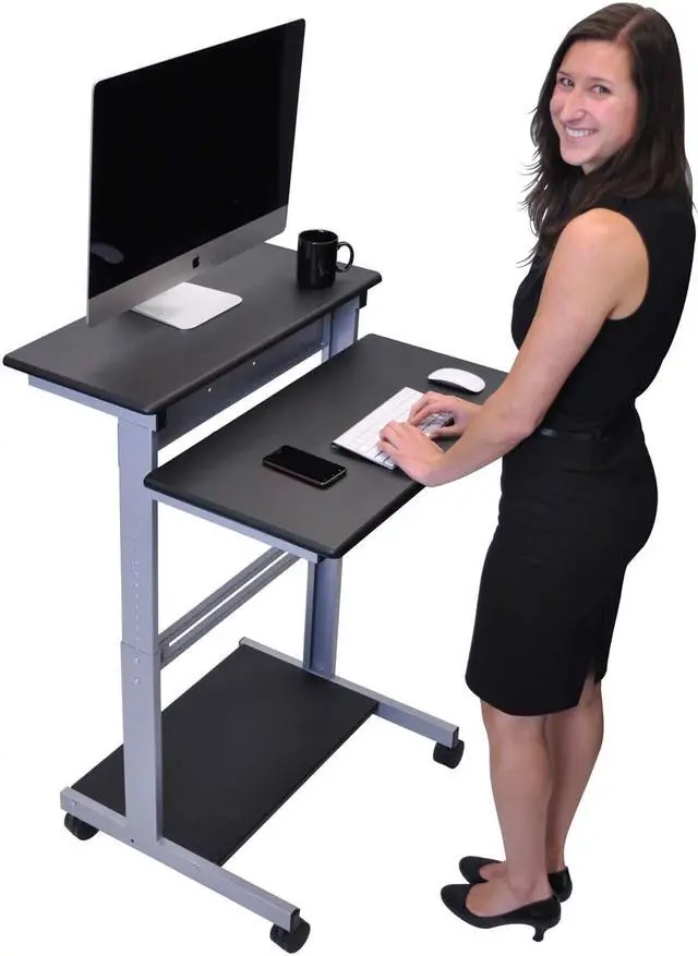 Alt view image 2 of 12 - Luxor 31.5"W Mobile Computer Workstation Cart Desk with Keyboard Tray (Grey/Black)