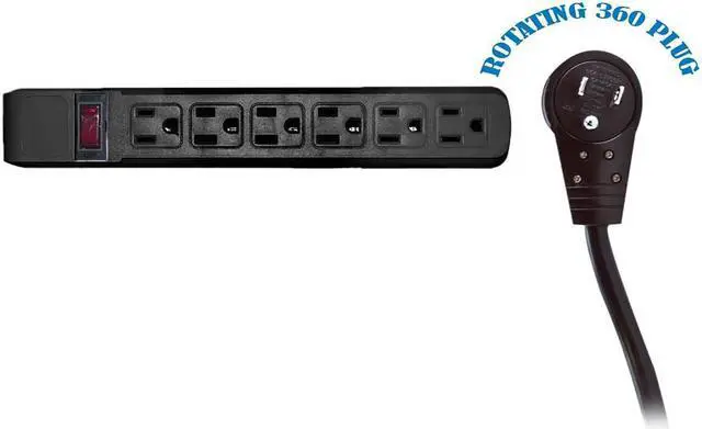 Main image of Surge Protector, Flat Rotating Plug, 6 Outlet, Horizontal Outlets, Plastic, Power Cord 10 foot - Black