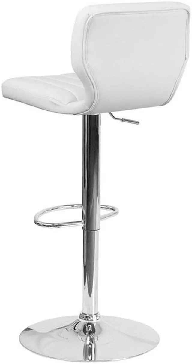 Alt view image 3 of 20 - Contemporary White Vinyl Adjustable Height Barstool with Vertical Stitch Back and Chrome Base