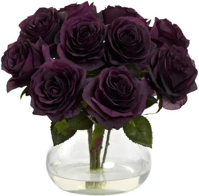 Main image of Nearly Natural 1367-PE Rose Arrangement With Vase - Purple Elegance