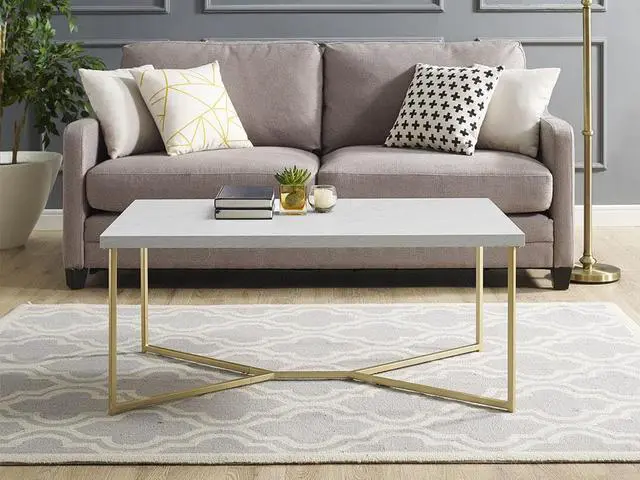 Alt view image 6 of 8 - 42" Mid Century Modern Transitional Y-Leg Coffee Table - White Faux Marble/Gold