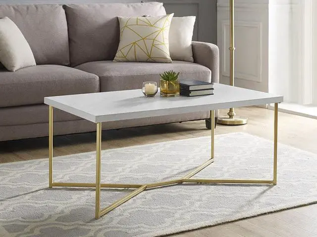 Alt view image 5 of 8 - 42" Mid Century Modern Transitional Y-Leg Coffee Table - White Faux Marble/Gold