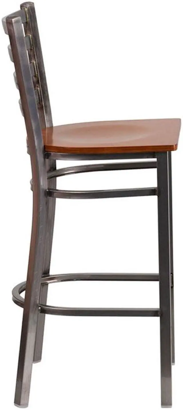 Alt view image 7 of 20 - Flash Furniture Hercules Series Clear Coated Ladder Back Metal Restaurant Barstool with Wood Seat, Cherry