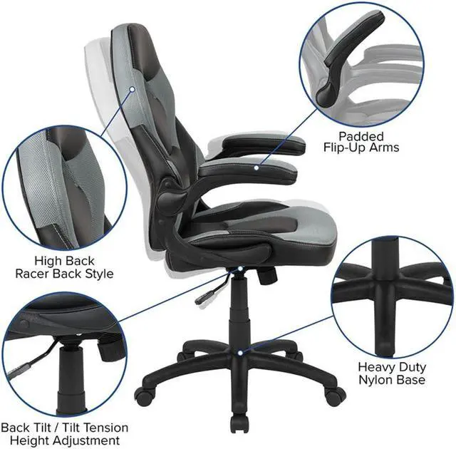 Alt view image 10 of 20 - X10 Gaming Chair Racing Office Ergonomic Computer PC Adjustable Swivel Chair with Flip-up Arms, Gray/Black LeatherSoft