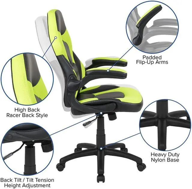 Alt view image 5 of 17 - X10 Gaming Chair Racing Office Ergonomic Computer PC Adjustable Swivel Chair with Flip-up Arms, Neon Green/Black LeatherSoft