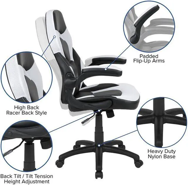 Alt view image 5 of 18 - X10 Gaming Chair Racing Office Ergonomic Computer PC Adjustable Swivel Chair with Flip-up Arms, White/Black LeatherSoft