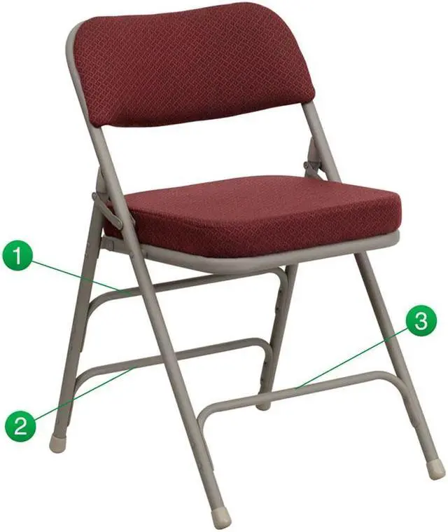 Alt view image 12 of 20 - 2 Pack HERCULES Series Premium Curved Triple Braced & Double Hinged Burgundy Fabric Metal Folding Chair