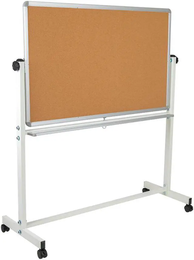 Alt view image 10 of 20 - HERCULES Series 53"W x 59"H Reversible Mobile Cork Bulletin Board and White Board with Pen Tray
