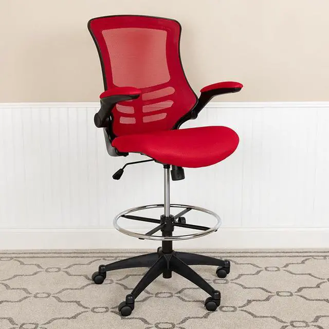 Alt view image 12 of 20 - Mid-Back Red Mesh Ergonomic Drafting Chair with Adjustable Foot Ring and Flip-Up Arms