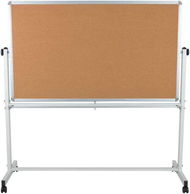 Alt view image 14 of 20 - HERCULES Series 62.5"W x 62.25"H Reversible Mobile Cork Bulletin Board and White Board with Pen Tray