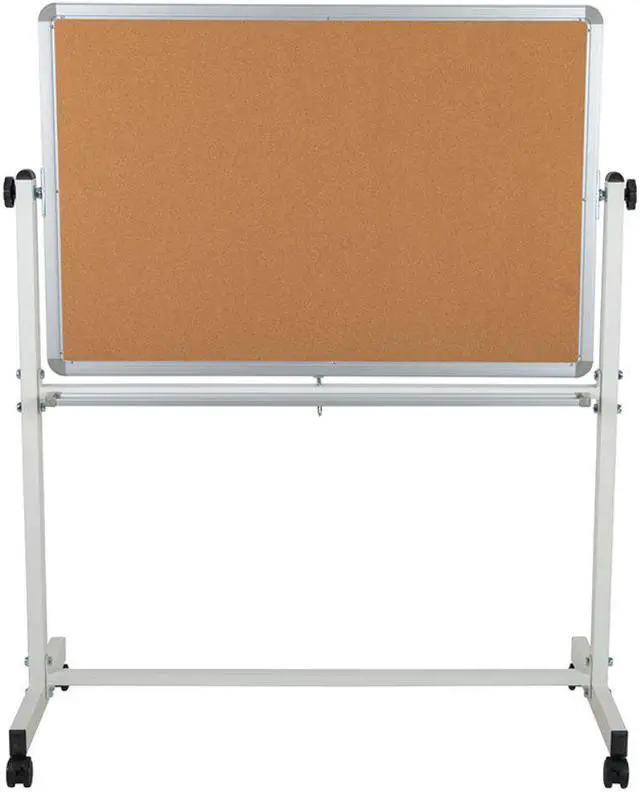 Alt view image 14 of 20 - HERCULES Series 45.25"W x 54.75"H Reversible Mobile Cork Bulletin Board and White Board with Pen Tray