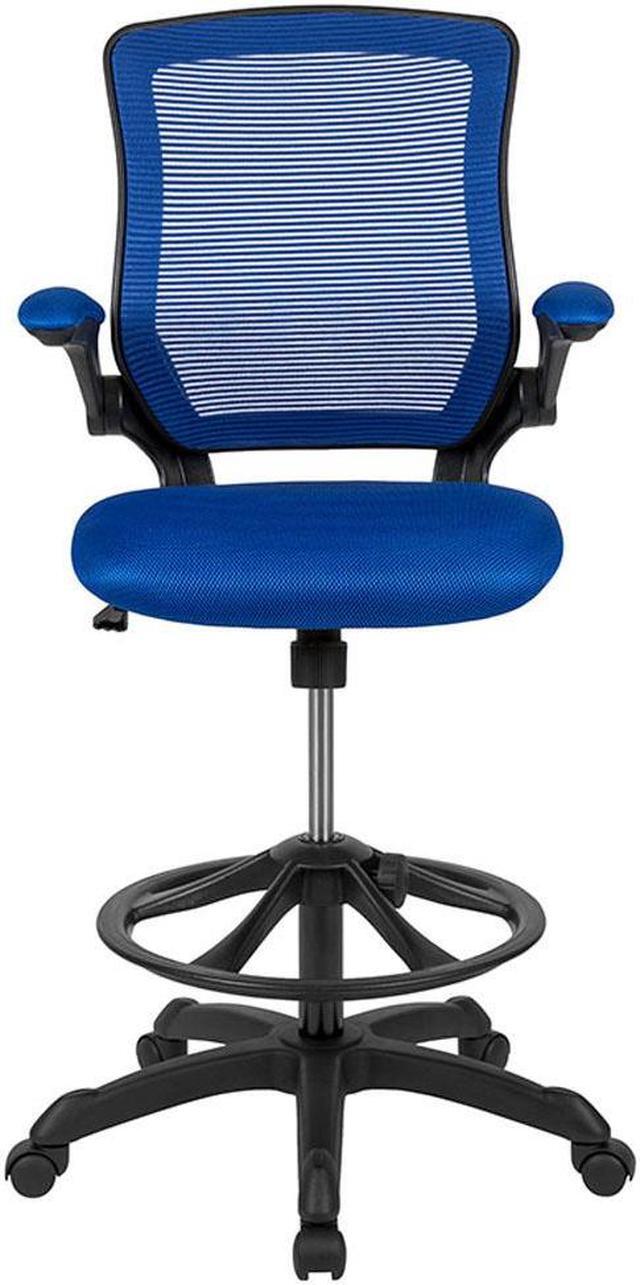 Alt view image 14 of 20 - Mid-Back Blue Mesh Ergonomic Drafting Chair with Adjustable Foot Ring and Flip-Up Arms