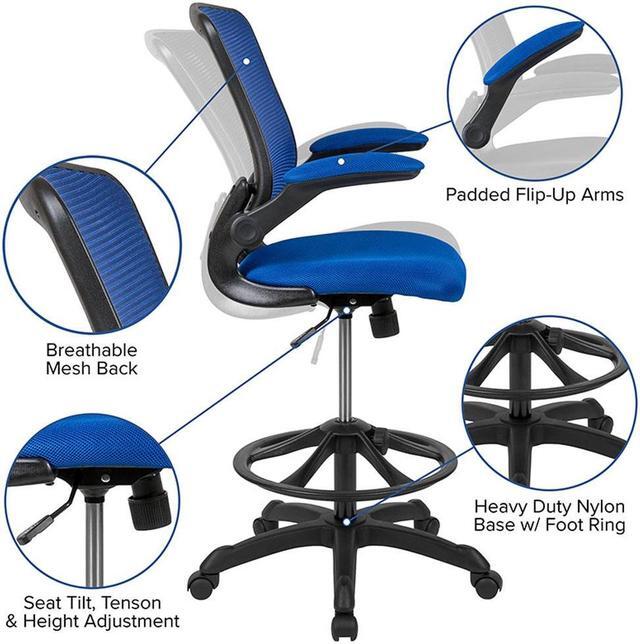 Alt view image 15 of 20 - Mid-Back Blue Mesh Ergonomic Drafting Chair with Adjustable Foot Ring and Flip-Up Arms