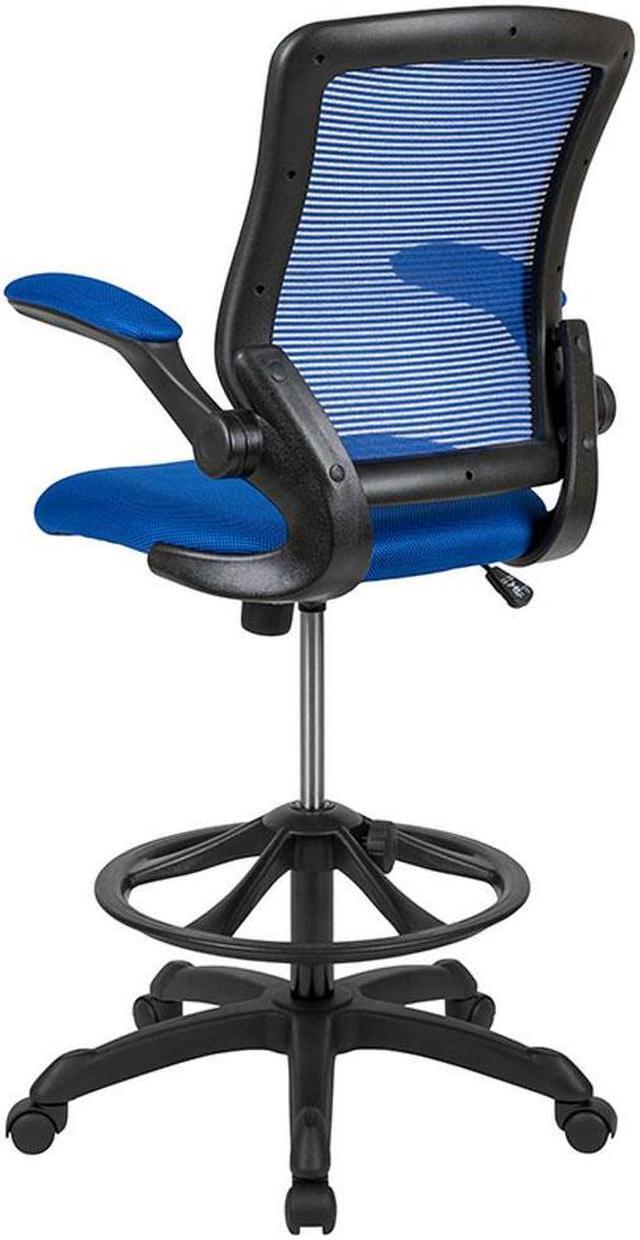 Alt view image 13 of 20 - Mid-Back Blue Mesh Ergonomic Drafting Chair with Adjustable Foot Ring and Flip-Up Arms