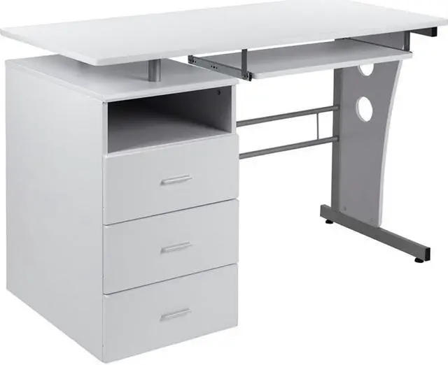 Alt view image 7 of 20 - White Desk with Three Drawer Pedestal and Pull-Out Keyboard Tray