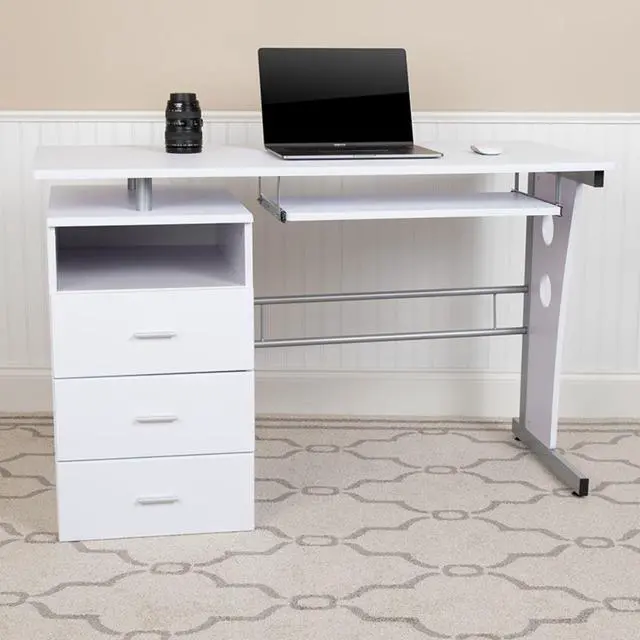 Alt view image 8 of 20 - White Desk with Three Drawer Pedestal and Pull-Out Keyboard Tray