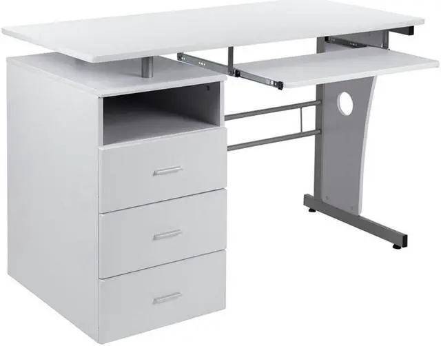 Alt view image 9 of 20 - White Desk with Three Drawer Pedestal and Pull-Out Keyboard Tray