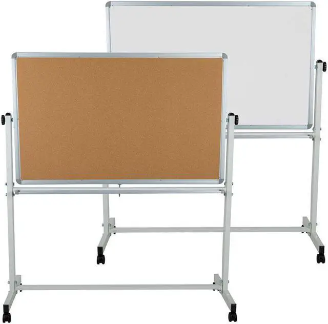 Alt view image 9 of 20 - HERCULES Series 53"W x 59"H Reversible Mobile Cork Bulletin Board and White Board with Pen Tray