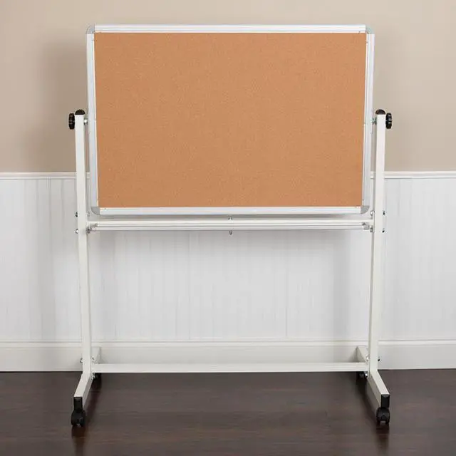 Alt view image 12 of 20 - HERCULES Series 45.25"W x 54.75"H Reversible Mobile Cork Bulletin Board and White Board with Pen Tray