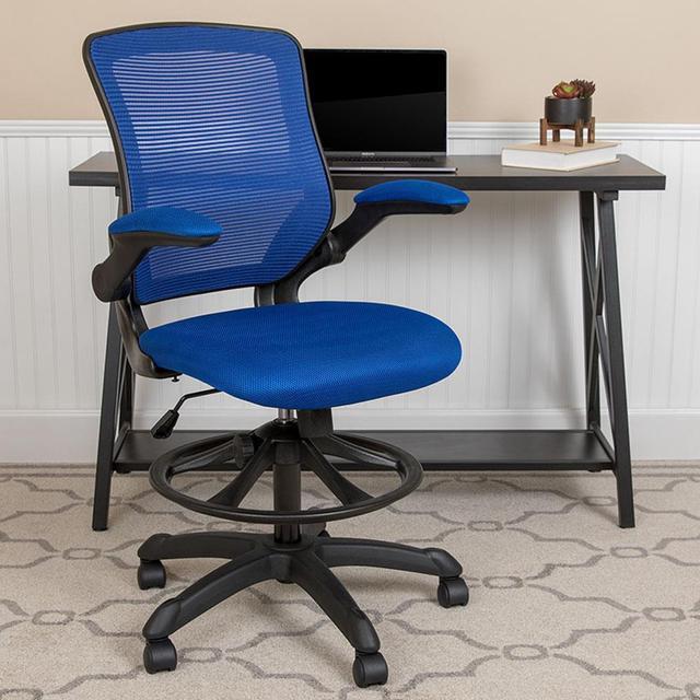 Alt view image 12 of 20 - Mid-Back Blue Mesh Ergonomic Drafting Chair with Adjustable Foot Ring and Flip-Up Arms
