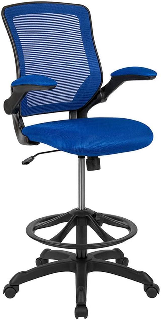 Alt view image 11 of 20 - Mid-Back Blue Mesh Ergonomic Drafting Chair with Adjustable Foot Ring and Flip-Up Arms