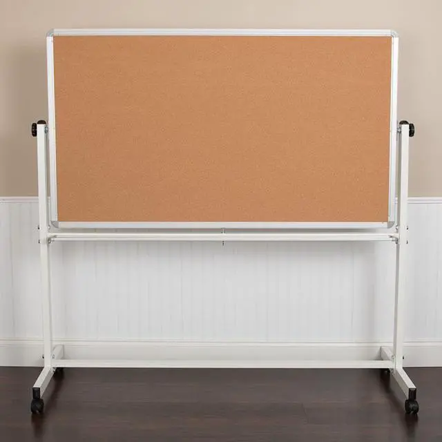 Alt view image 12 of 20 - HERCULES Series 62.5"W x 62.25"H Reversible Mobile Cork Bulletin Board and White Board with Pen Tray