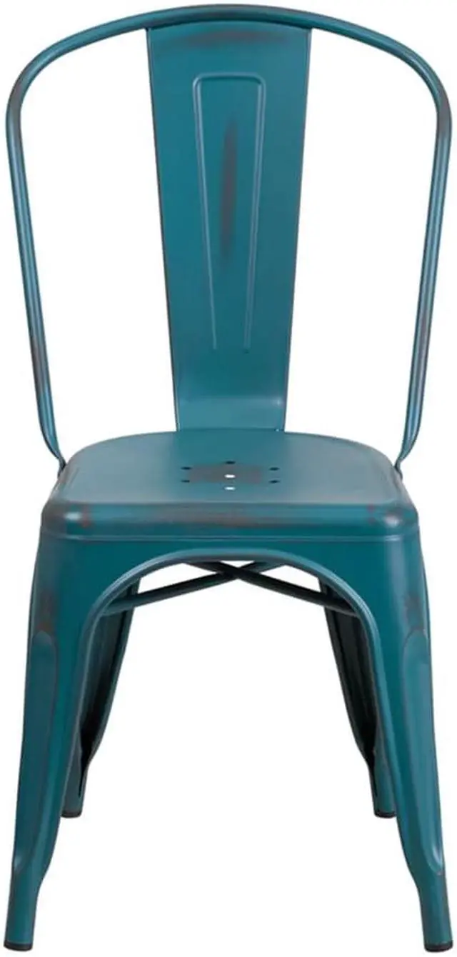 Alt view image 8 of 20 - Commercial Grade Distressed Kelly Blue-Teal Metal Indoor-Outdoor Stackable Chair