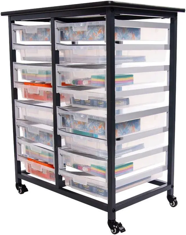 Alt view image 2 of 12 - Luxor Furniture Mobile Bin Storage Unit - Double Row Casters and Locking Brakes with Small Clear Bins - Dark Gray