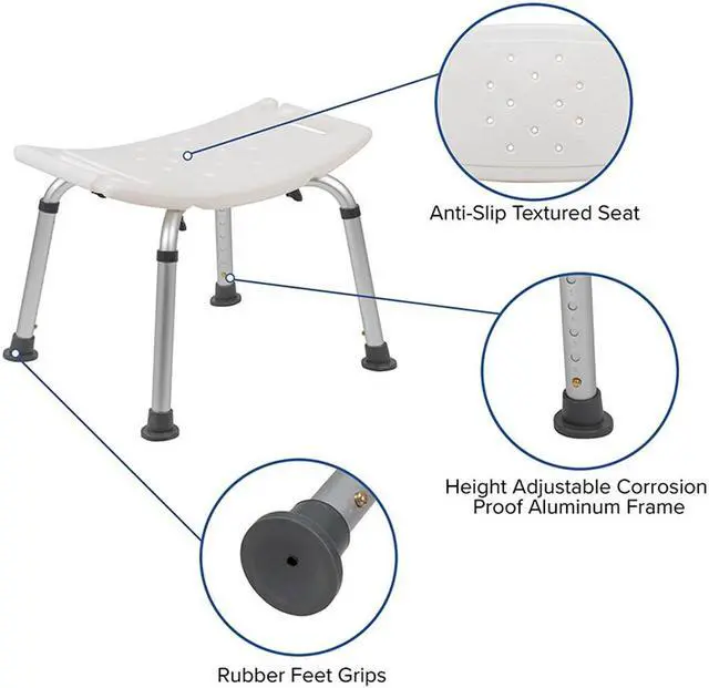 Alt view image 13 of 20 - HERCULES Series Tool-Free and Quick Assembly, 300 Lb. Capacity, Adjustable White Bath & Shower Chair with Non-slip Feet