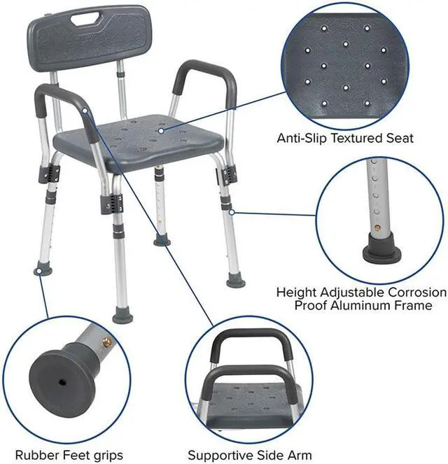 Alt view image 14 of 20 - HERCULES Series 300 Lb. Capacity Adjustable Gray Bath & Shower Chair with Quick Release Back & Arms