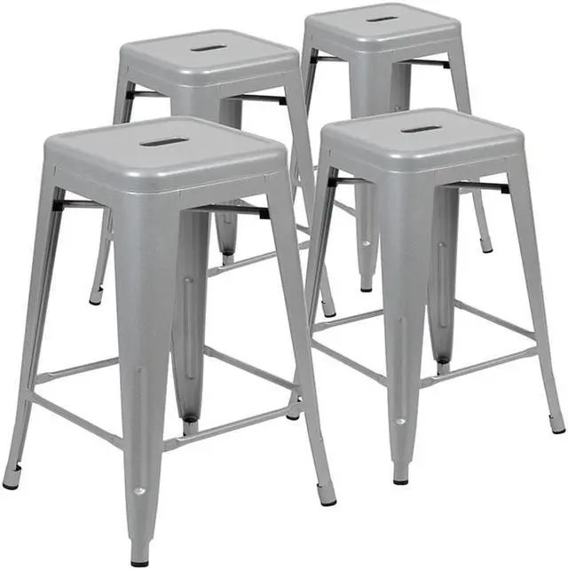 Alt view image 10 of 20 - 24" High Metal Counter-Height, Indoor Bar Stool in Silver - Stackable Set of 4