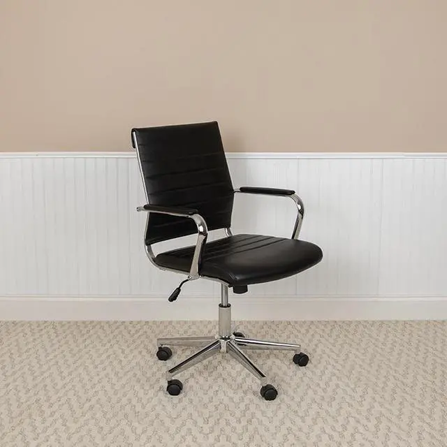 Alt view image 9 of 20 - Mid-Back Black LeatherSoft Contemporary Ribbed Executive Swivel Office Chair