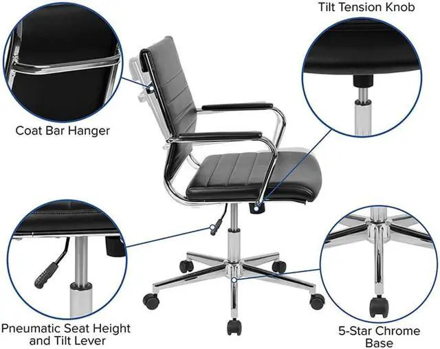 Alt view image 13 of 20 - Mid-Back Black LeatherSoft Contemporary Ribbed Executive Swivel Office Chair