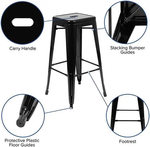 Alt view image 13 of 20 - 30" High Metal Indoor Bar Stool in Black - Stackable Set of 4
