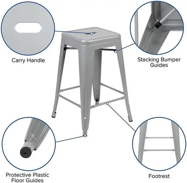 Alt view image 13 of 20 - 24" High Metal Counter-Height, Indoor Bar Stool in Silver - Stackable Set of 4